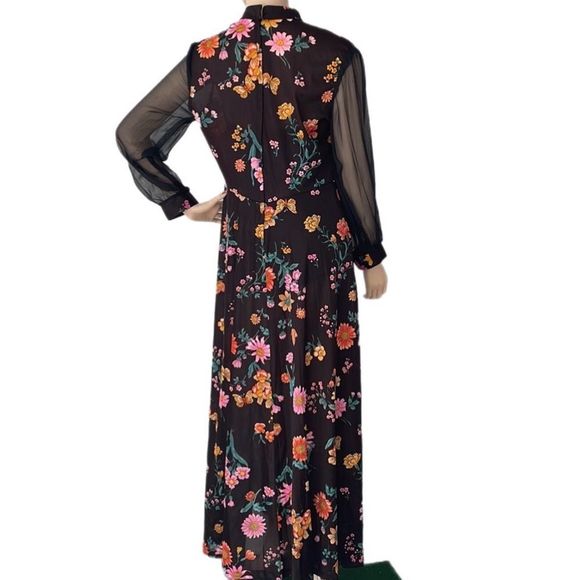 Vintage 70s Floral and Black Long Sleeve Sheer Maxi Dress - Picture 16 of 16
